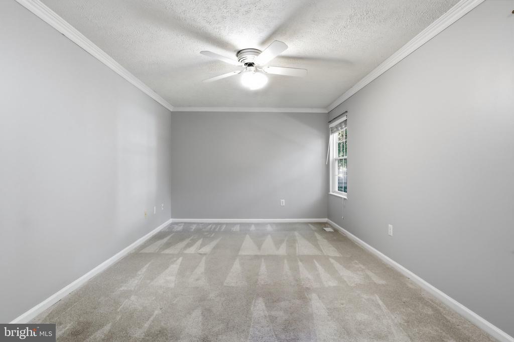 Empty bedroom with gray walls, patterned carpet, a window, and a ceiling fan.
