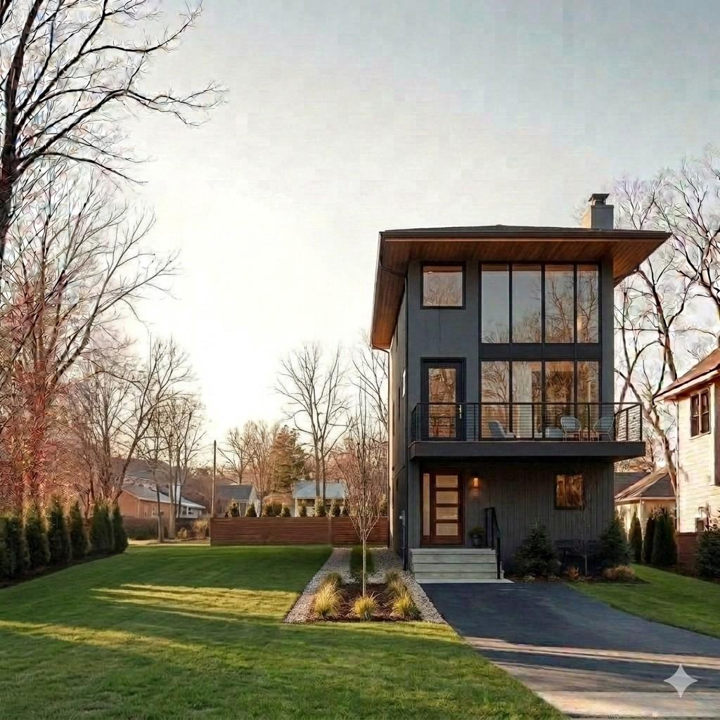 Modern dark-gray home with a balcony, broad windows, and a landscaped front lawn.