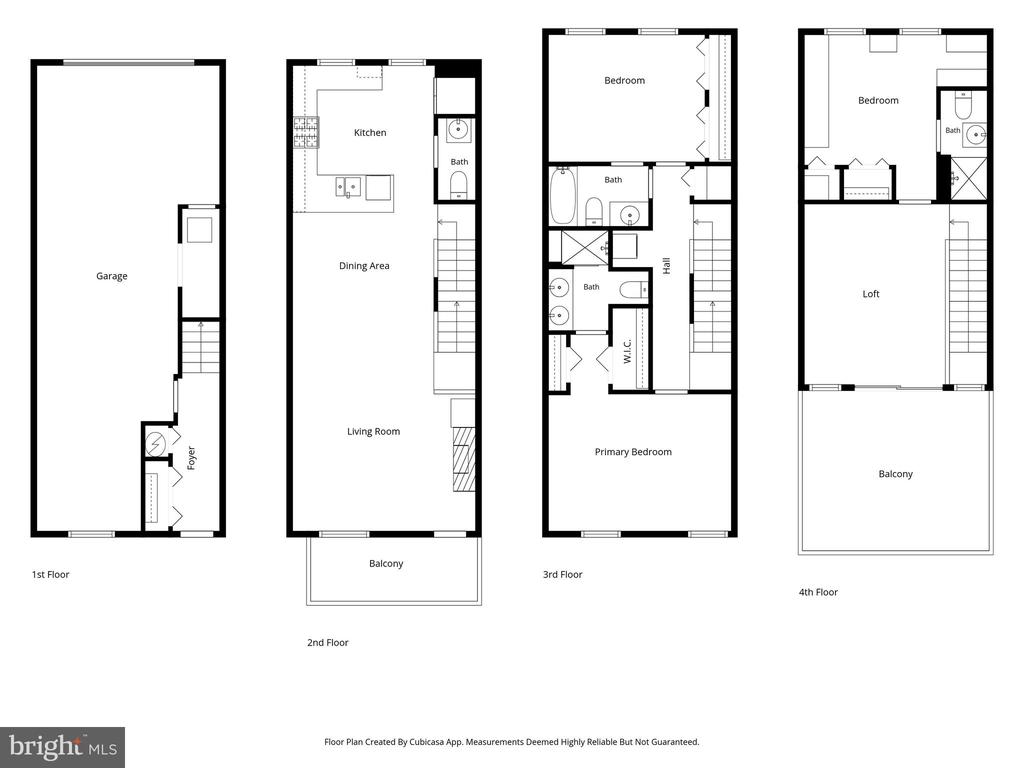 Four-level floor plan with a garage, living areas, bedrooms, bathrooms, loft, and balconies.