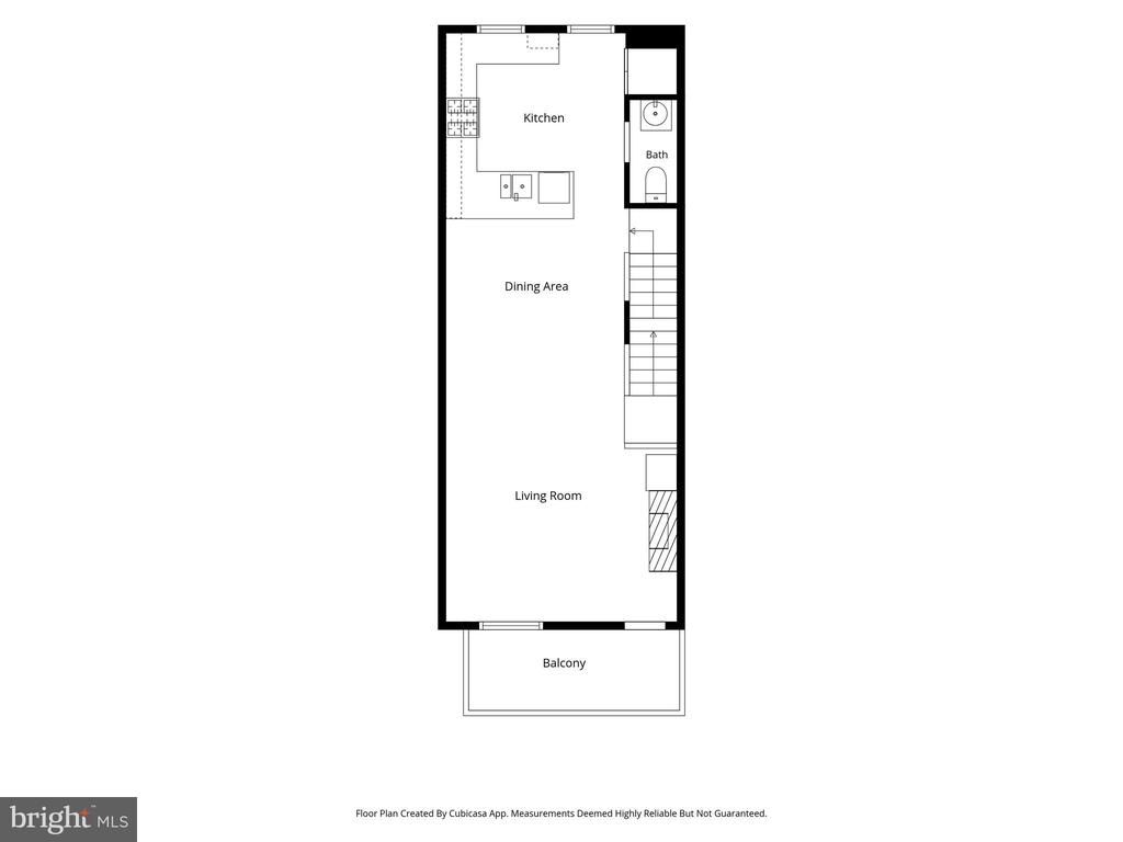 Floor plan showing the kitchen, bath, dining area, living room, stairs, and balcony.