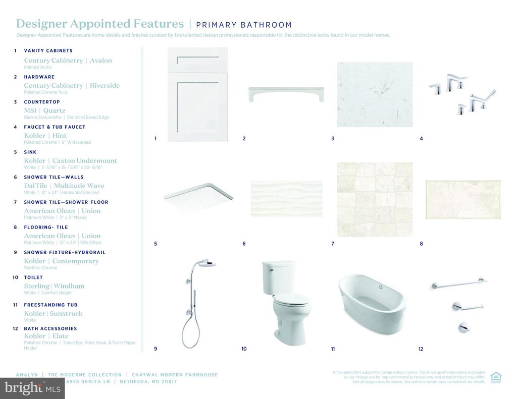 Primary bathroom finish board with twelve numbered material, fixture, and accessory selections.