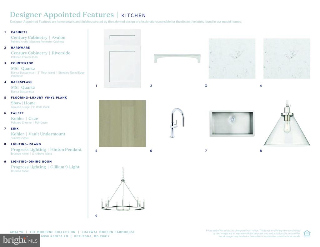Kitchen design features sheet listing finishes, fixtures, and lighting with matching product images.