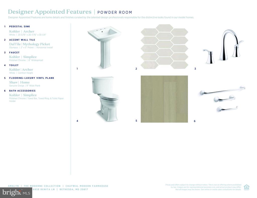 Powder room features sheet listing a pedestal sink, accent tile, faucet, toilet, flooring, and bath accessories.