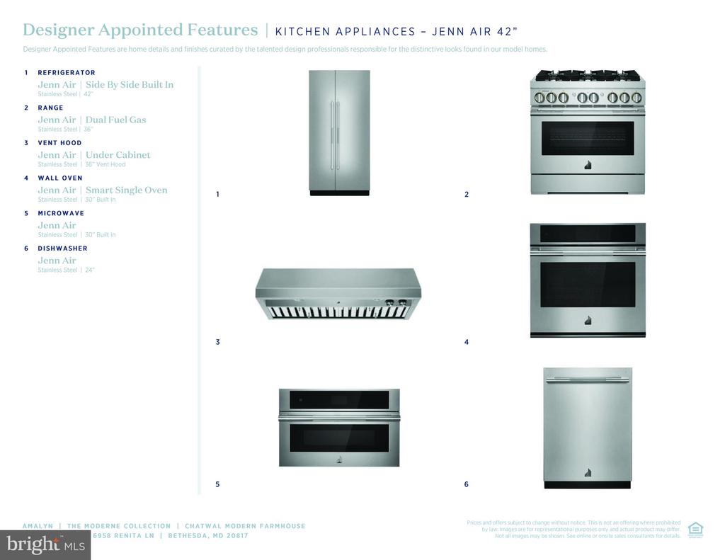 JennAir kitchen appliance feature sheet listing six stainless-steel appliances and their specifications.