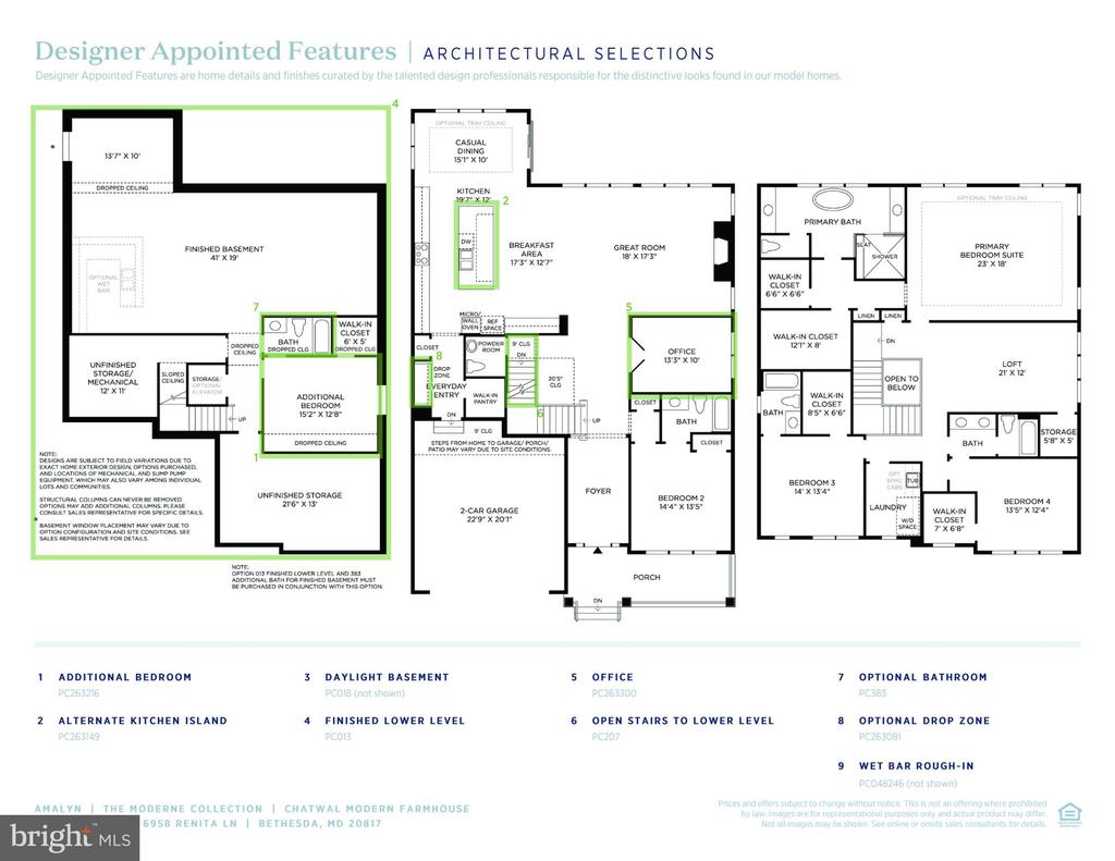 Floor plan showing basement, main, and upper levels, with green outlines highlighting optional features.