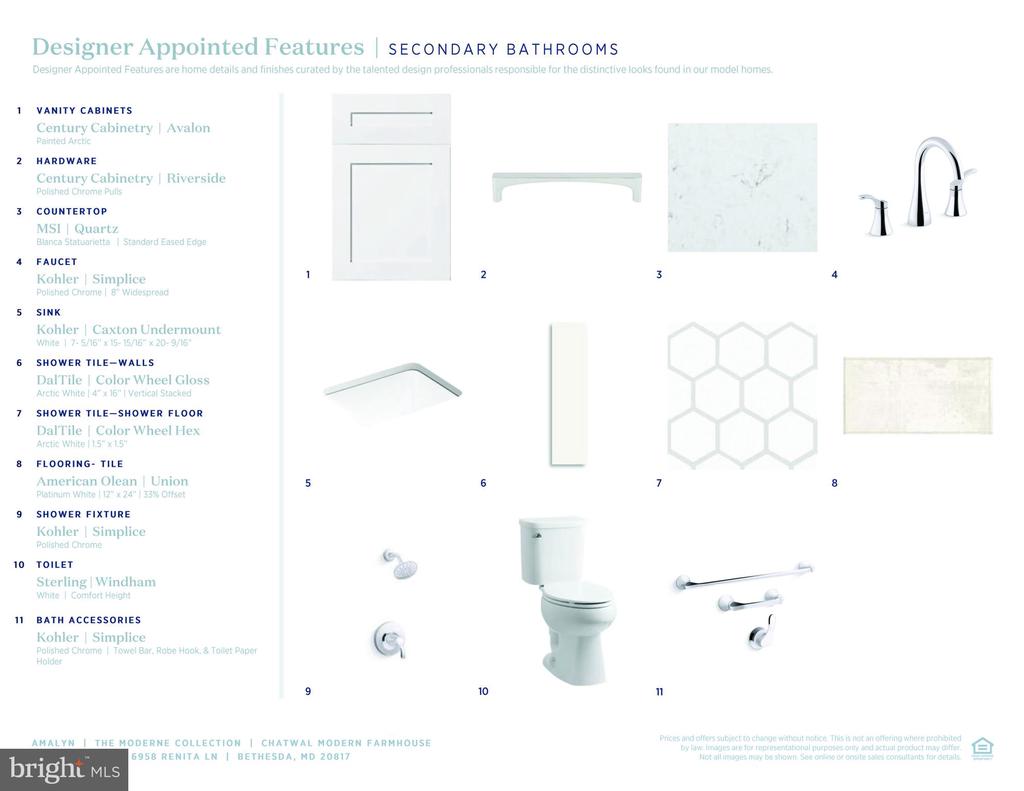 Secondary bathroom finish selections list numbered products, materials, and finishes for 6958 Renita Lane.