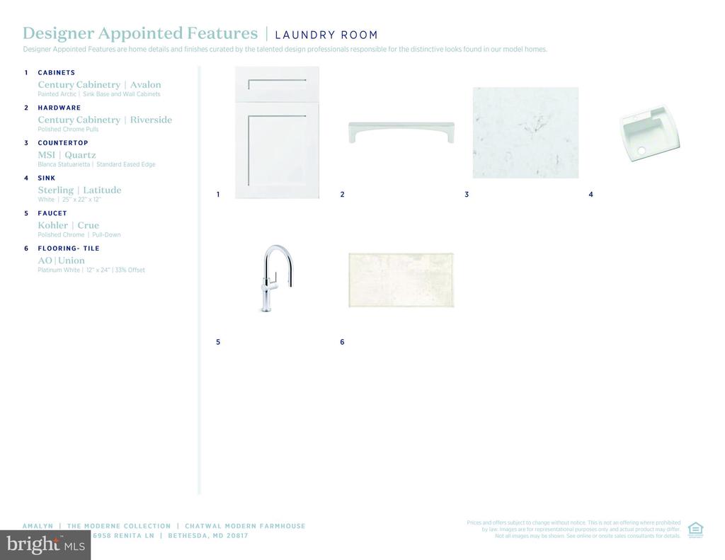 Laundry room finish selections: white cabinets, chrome hardware and faucet, quartz countertop, sink, and tile.