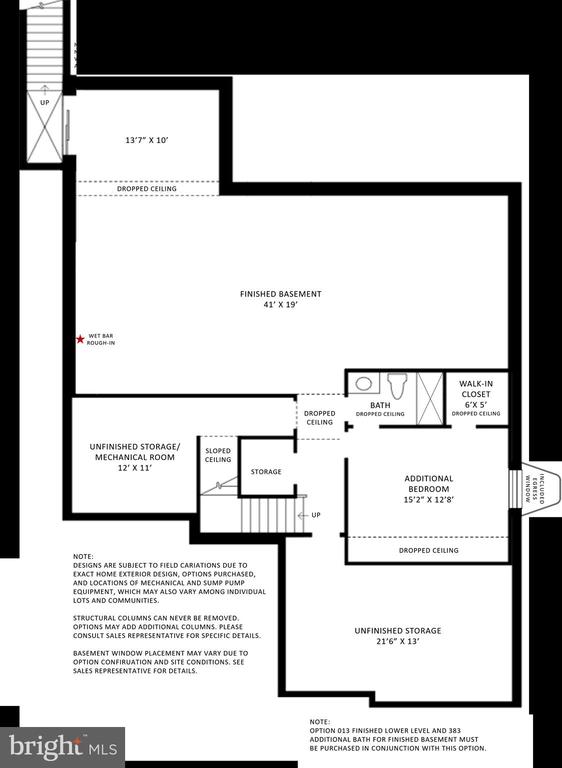 Finished basement floor plan with an additional bedroom, bath, walk-in closet, and wet bar rough-in.