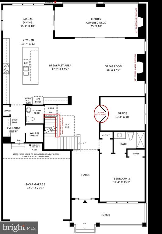 First-floor plan with a covered deck, great room, office, bedroom, and two-car garage.