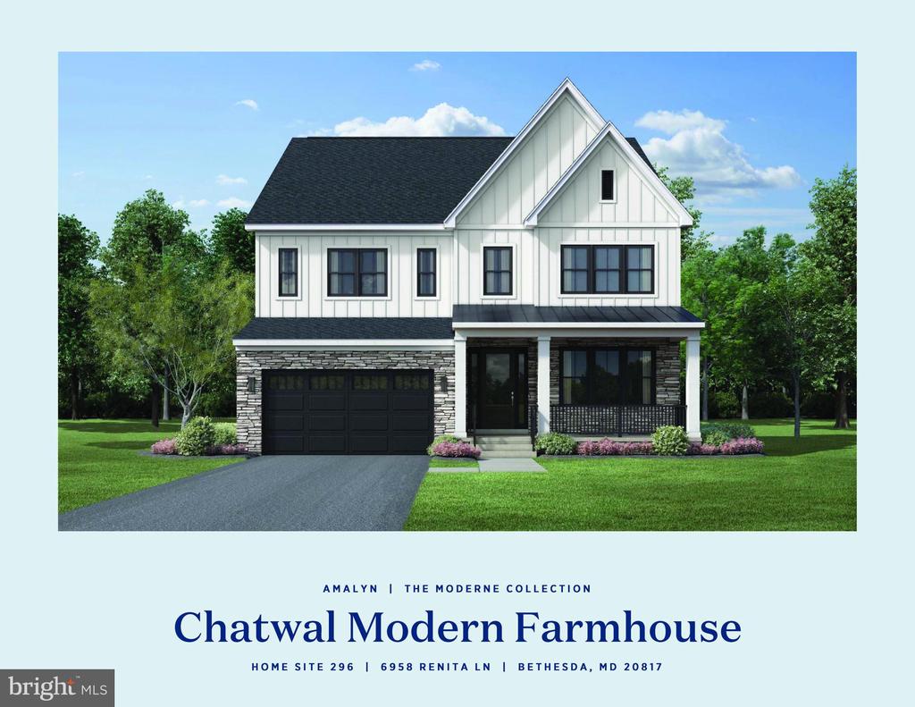 Rendering of a white modern farmhouse with a stone lower facade, covered porch, and attached two-car garage.