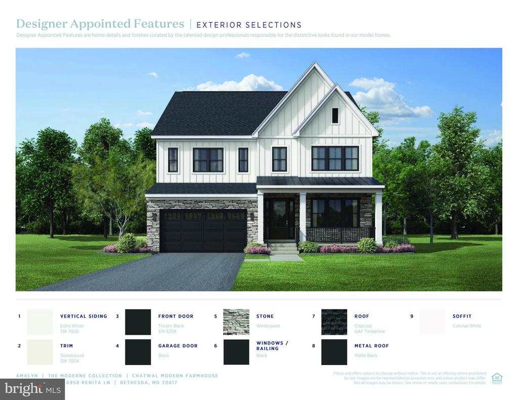 Exterior selections for 6958 Renita Lane, with a white modern farmhouse rendering and numbered finish swatches.