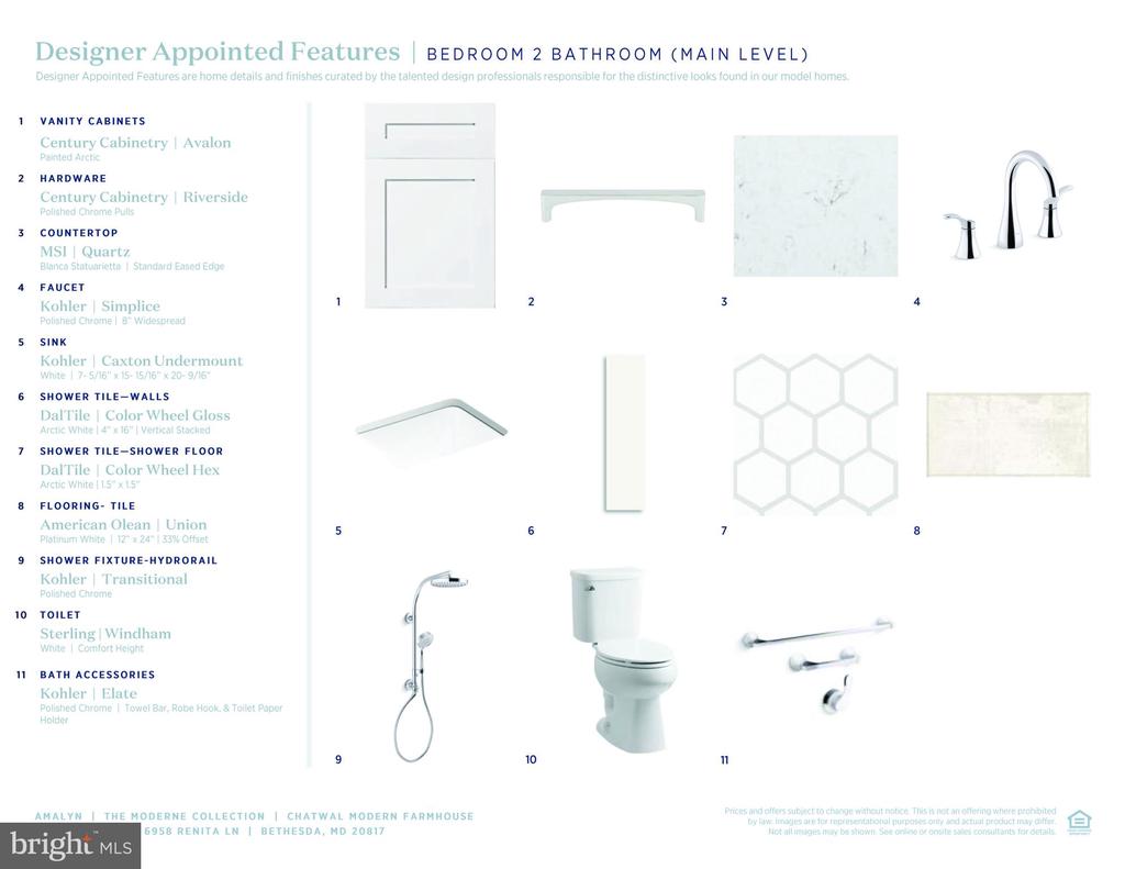 Bathroom finish schedule showing vanity, countertop, faucet, shower tile, flooring, toilet, and accessories.