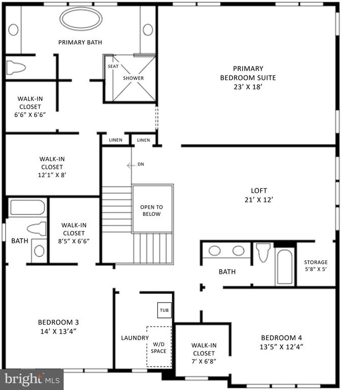 Second-floor plan with primary suite, loft, two bedrooms, bathrooms, closets, and laundry.