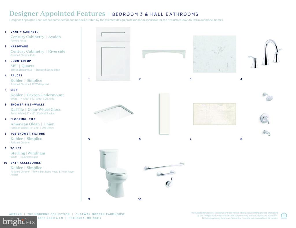 Bedroom 3 and hall bathroom design selections with numbered product images and finish details.