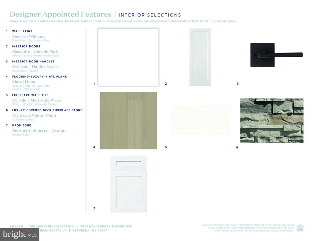 Interior selections sheet showing finish samples and specifications for 6958 Renita Lane.