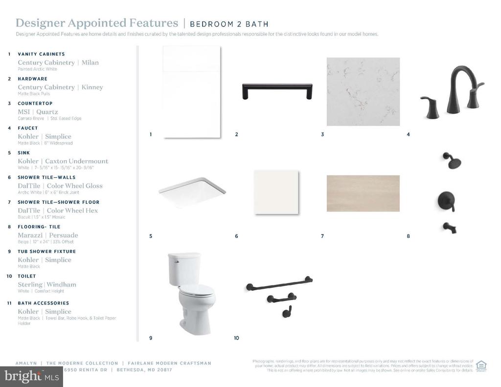 Bedroom 2 bathroom selections, including white cabinetry and tile, a quartz countertop, and matte-black fixtures.