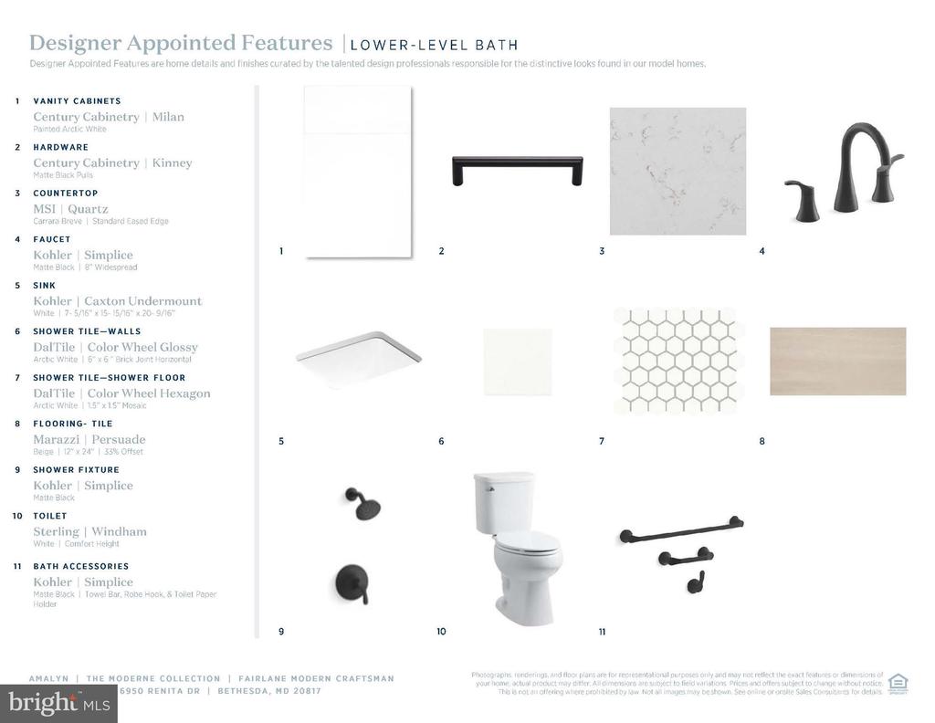 Lower-level bath selections with white cabinetry, quartz, tile samples, black fixtures, a toilet, and bath accessories.