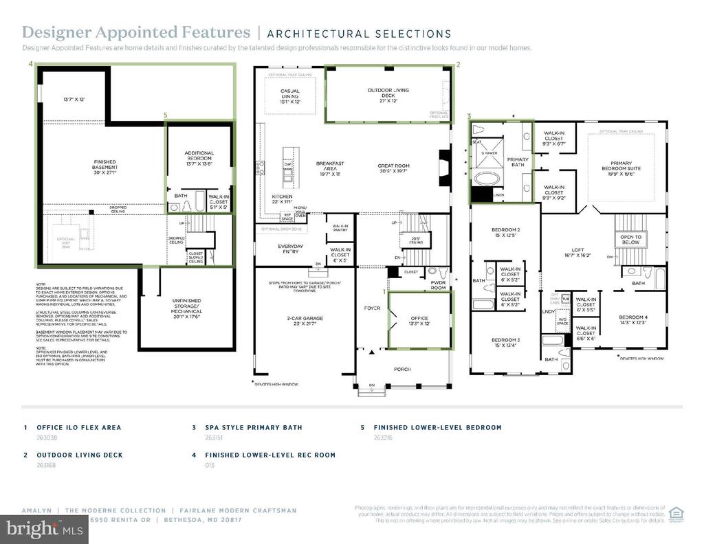 Floor plans for 6950 Renita Drive, with highlighted finished lower-level rooms, office, outdoor deck, and primary bath.