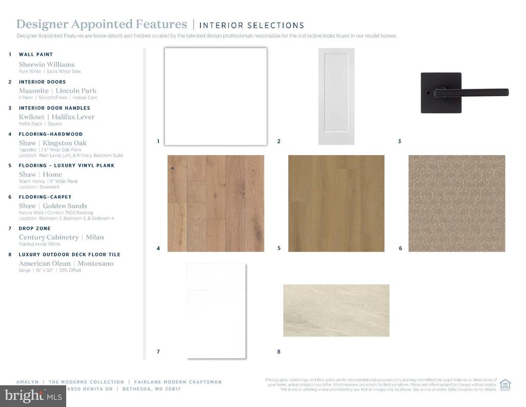 Interior finish selections with numbered paint, door, flooring, cabinet, and deck tile samples.