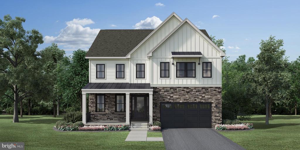 Two-story home rendering with white gabled siding, stone lower facade, covered porch, and attached garage.