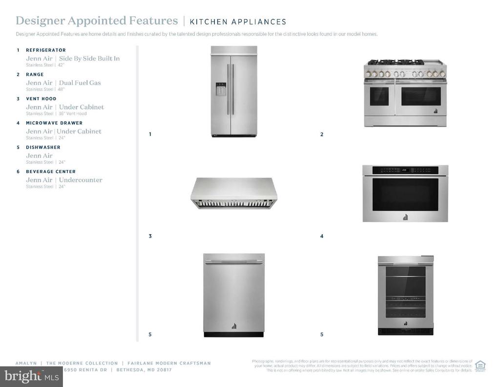 JennAir kitchen appliance feature sheet with product images and a list of six appliances.