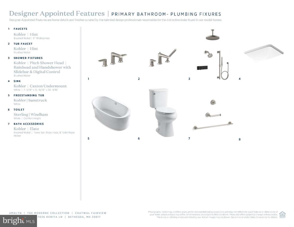Primary bathroom plumbing fixture sheet with labeled faucets, shower fixtures, tub, toilet, sink, and accessories.