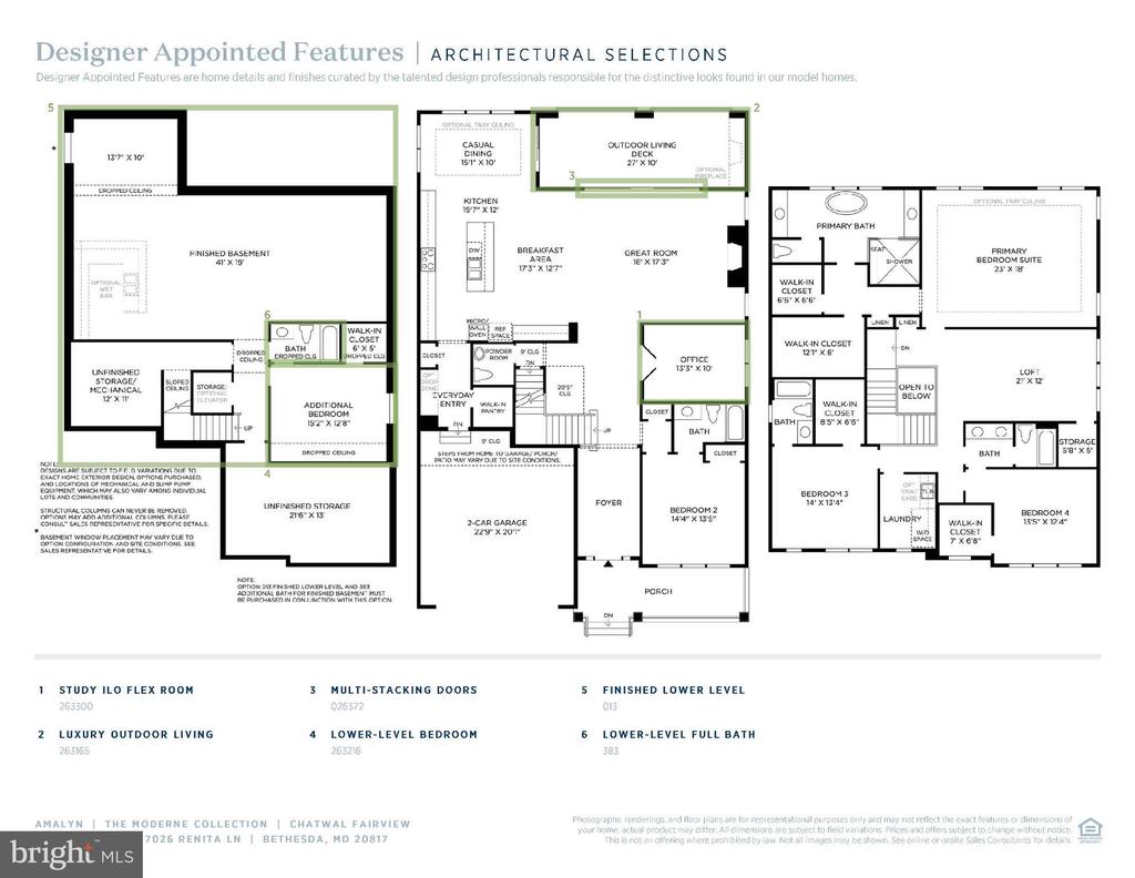 Three-level architectural floor plan with six highlighted designer-appointed features.