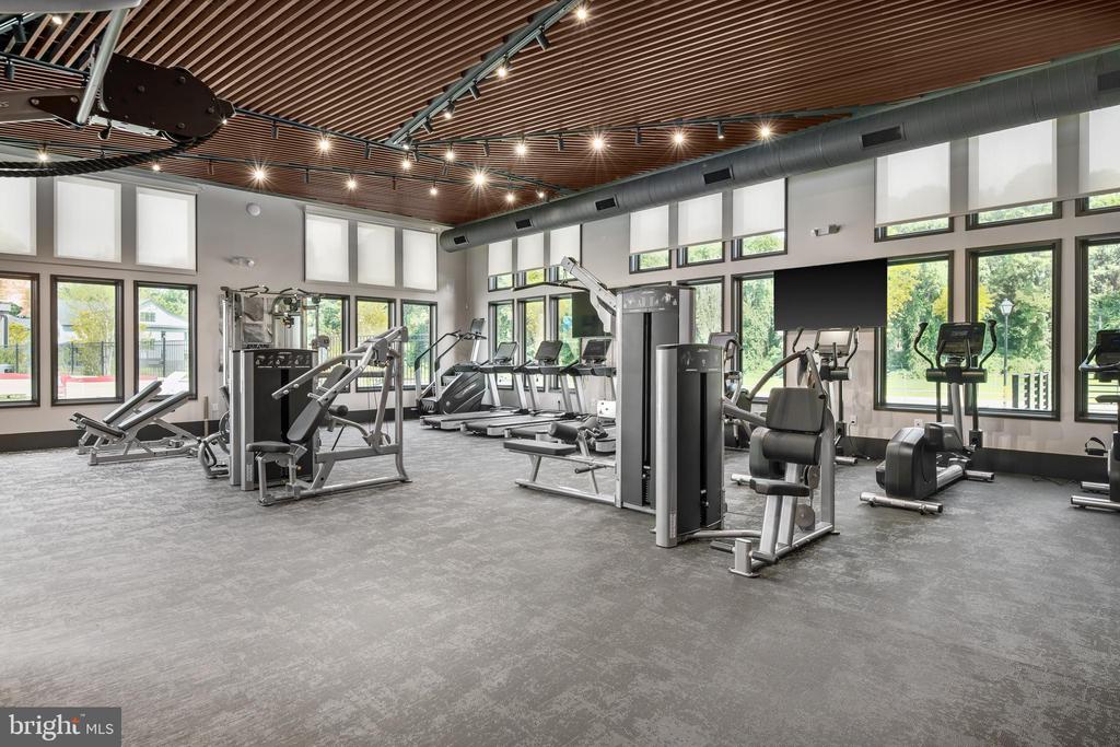 Fitness center with rows of exercise machines, large windows, and a wood-slat ceiling.