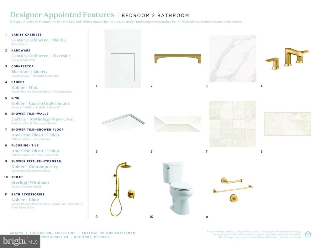 Bathroom finishes and fixtures board with numbered product samples and specifications for a second bathroom.