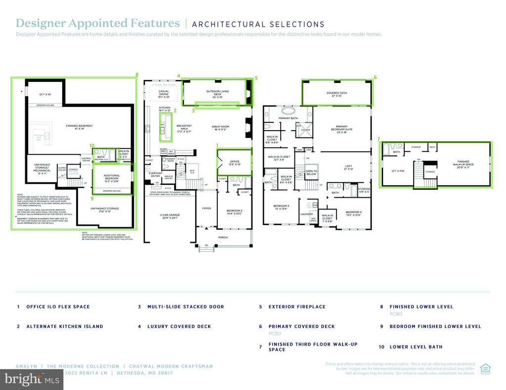 Architectural floor plan with numbered feature callouts across multiple levels.