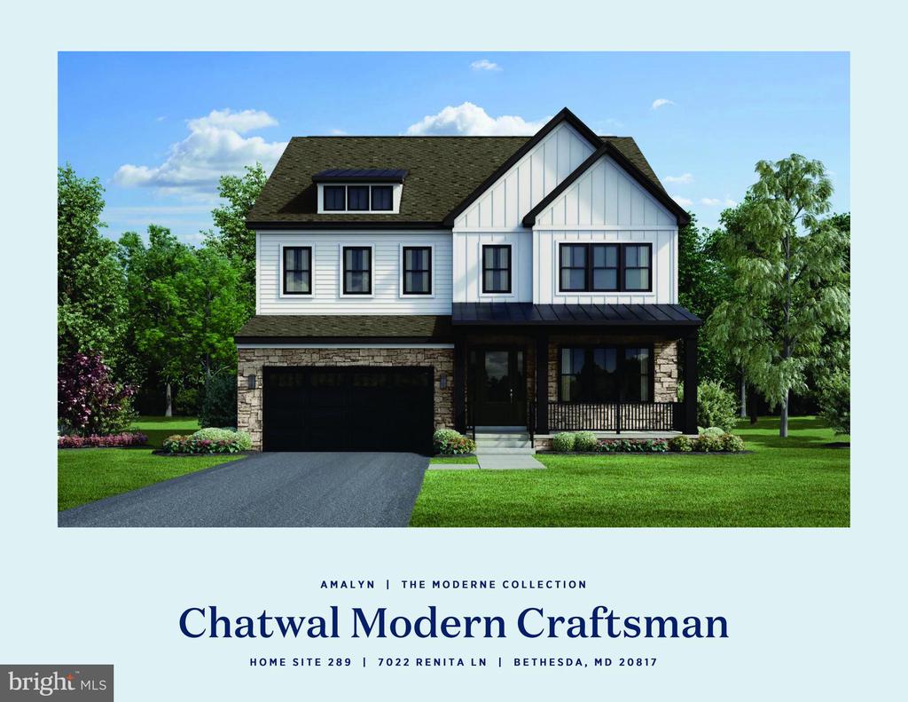Architectural rendering of a white modern Craftsman home with stone facade, garage, and covered porch.