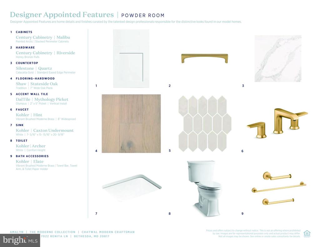 Powder room finish-selection sheet showing nine materials and fixtures, including oak flooring and brushed brass hardware.