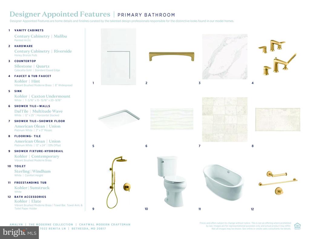 Primary bathroom finish board with twelve numbered selections, including gold fixtures, pale tile, a toilet, and a freestanding tub.