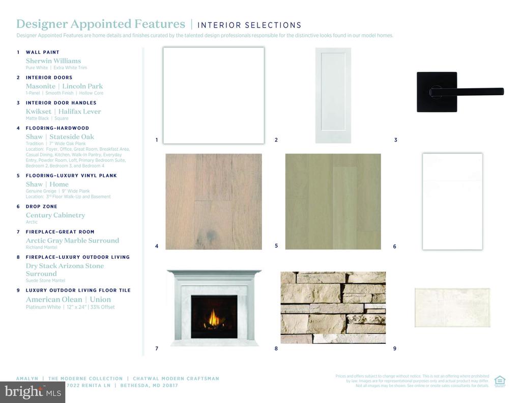 Interior finish selections for 7022 Renita Lane, showing labeled paint, flooring, door, fireplace, and tile samples.