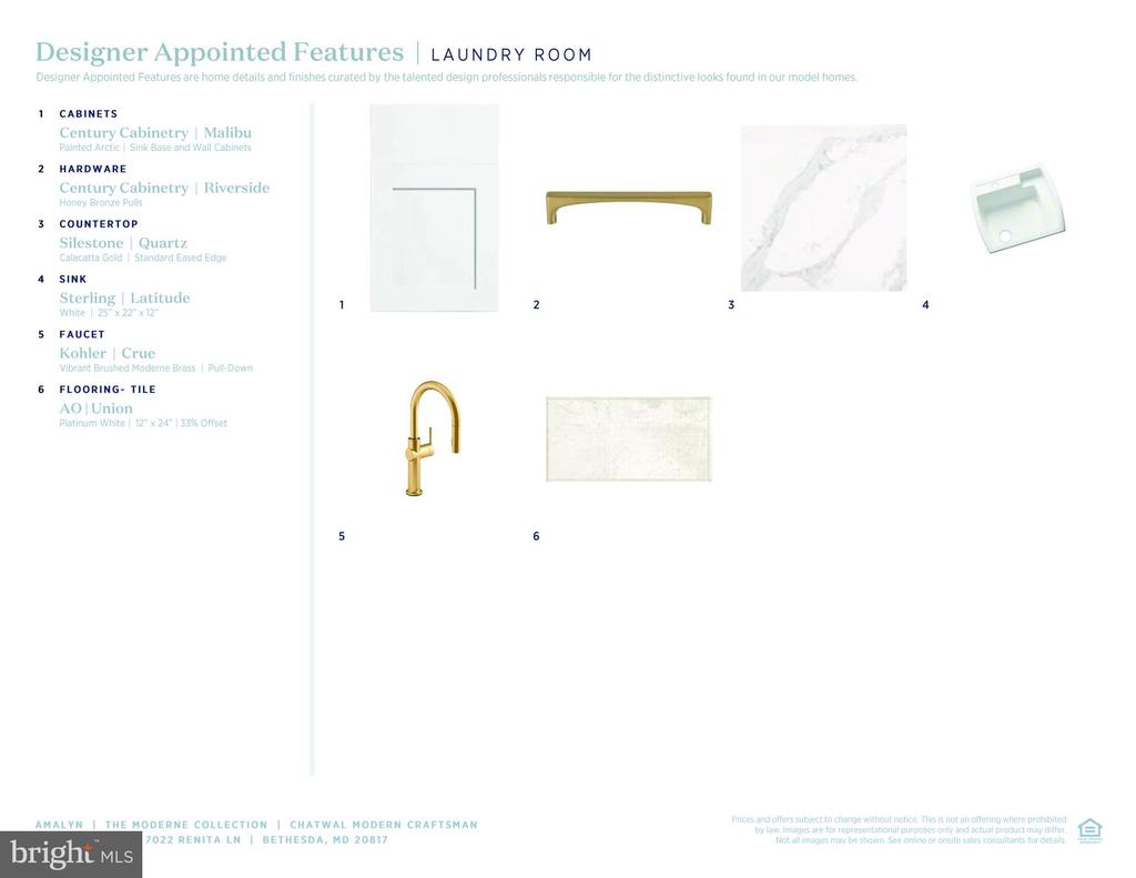 Laundry room finish selections: Malibu cabinetry, Calacatta Gold quartz, a white sink, brass faucet, and tile flooring.