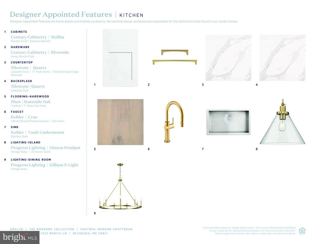 Kitchen design selections for cabinetry, hardware, surfaces, fixtures, and lighting, shown in a numbered specification graphic.
