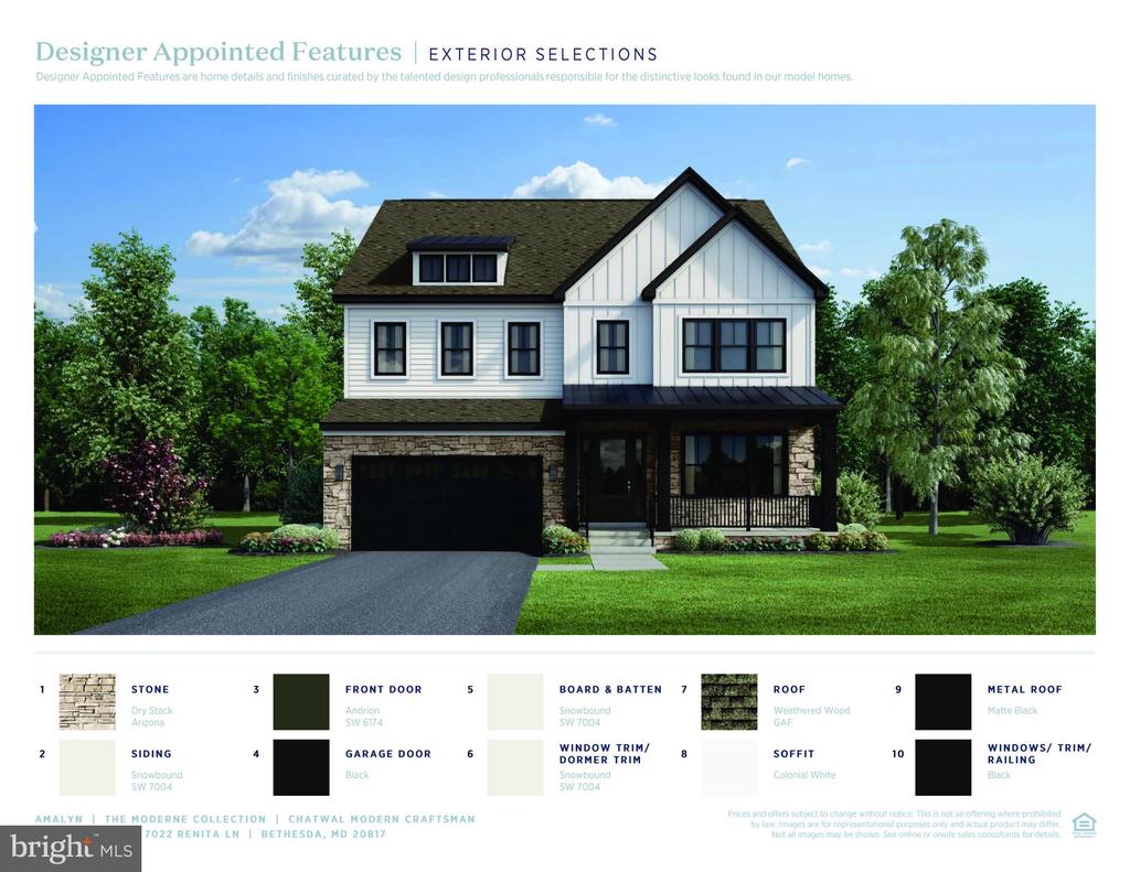 Two-story white home with dark trim, stone lower level, black garage door, and covered porch, shown with exterior finish swatches.