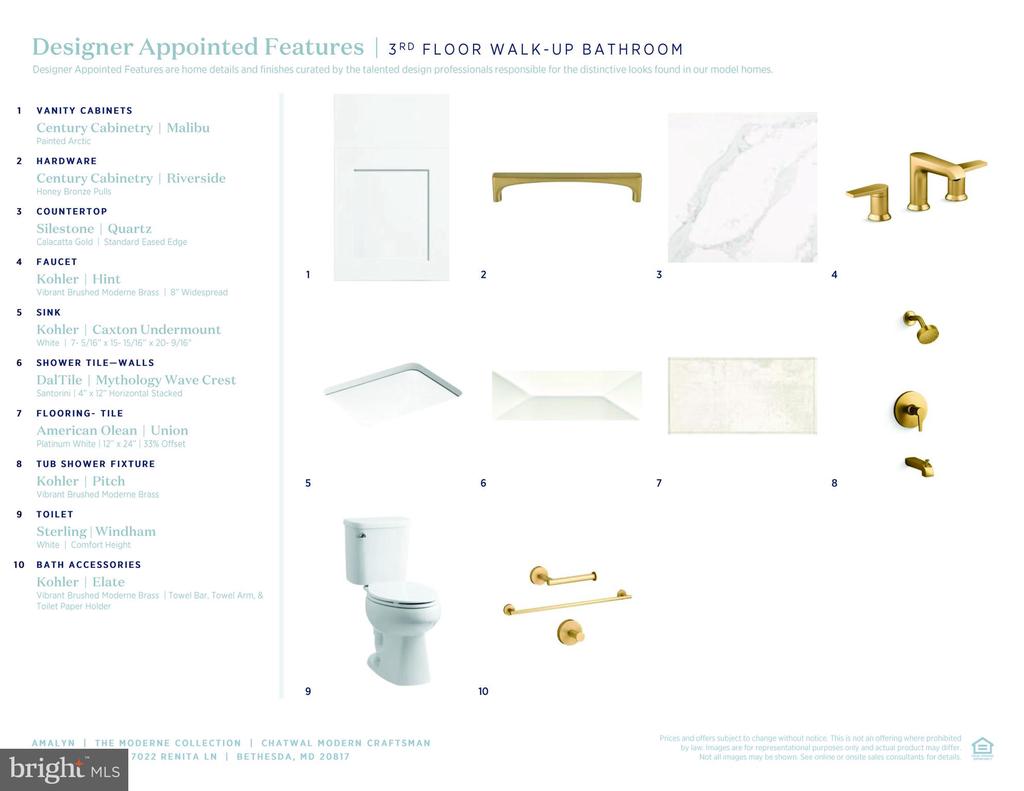 Third-floor walk-up bathroom finish schedule with numbered product images, including gold fixtures, tile, vanity materials, and a toilet.