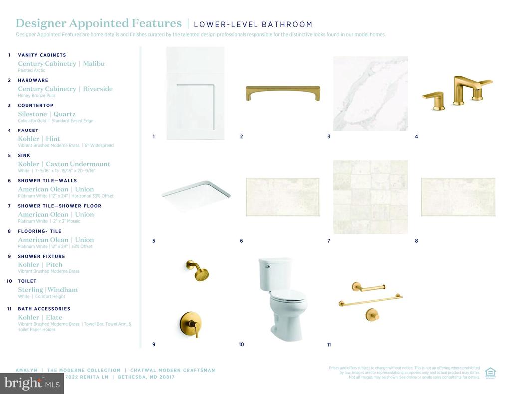Lower-level bathroom finish board with numbered samples of tile, fixtures, cabinetry, and brass hardware.