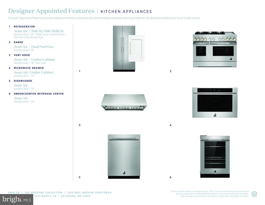 Kitchen appliance feature sheet listing six JennAir appliances with product images and specifications.
