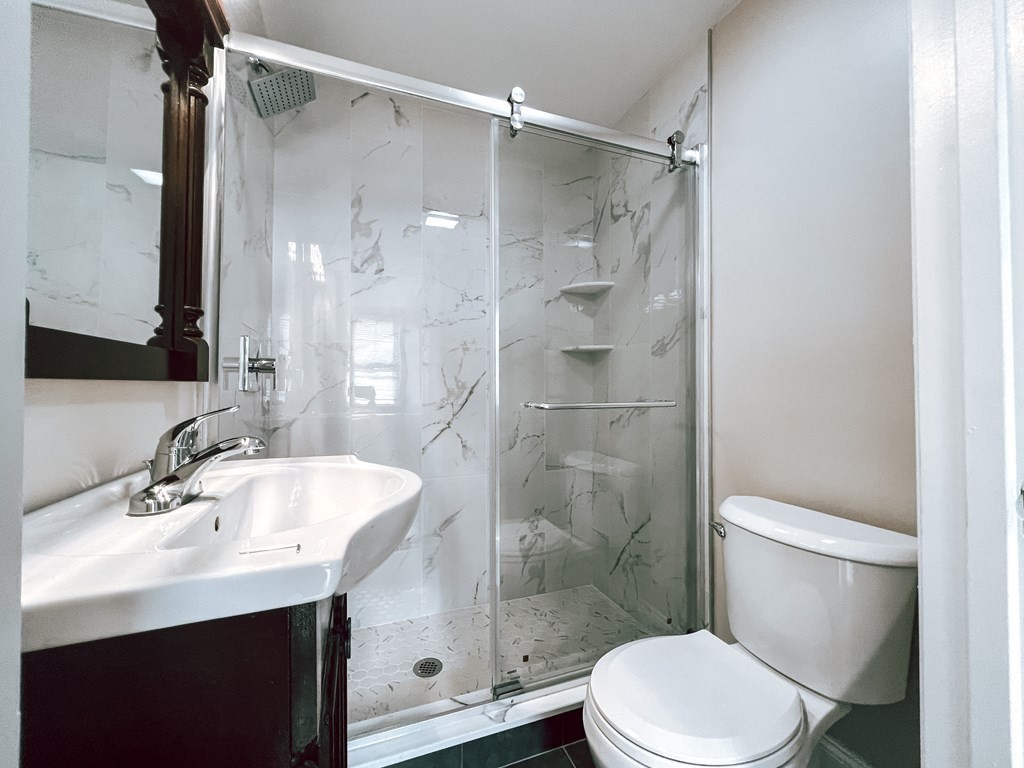 Bathroom with a marble-look tiled glass shower, white sink, and toilet.