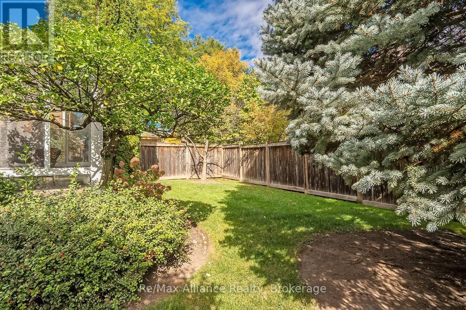 Backyard with a wooden privacy fence, leafy trees, shrubs, and a large blue spruce.