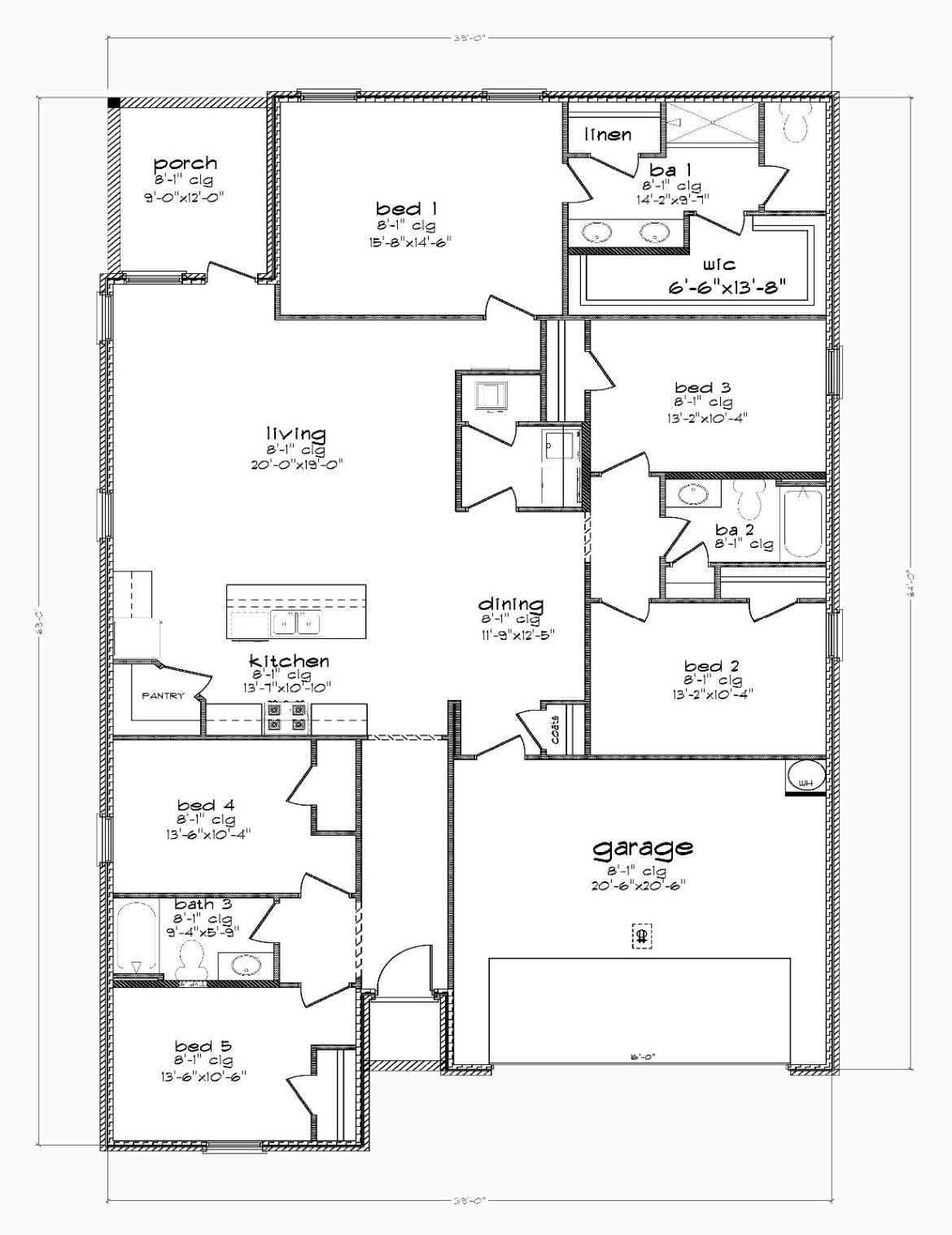 Five-bedroom floor plan with open living, dining, kitchen, porch, three bathrooms, and attached garage.