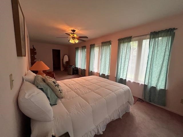 Furnished bedroom with a large white bed and tall windows with green curtains.