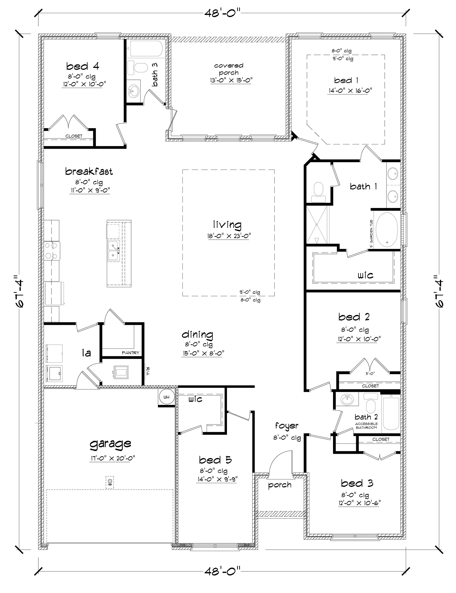 Floor plan showing five bedrooms, three bathrooms, living and dining areas, a covered porch, and garage.