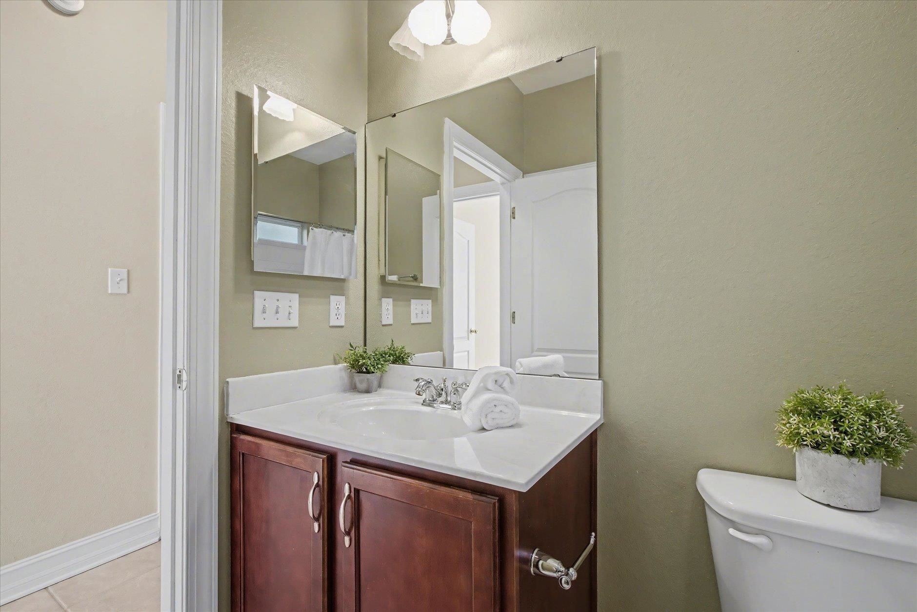 Bathroom vanity with dark wood cabinets, a white sink, large mirrors, and a plant-topped toilet.
