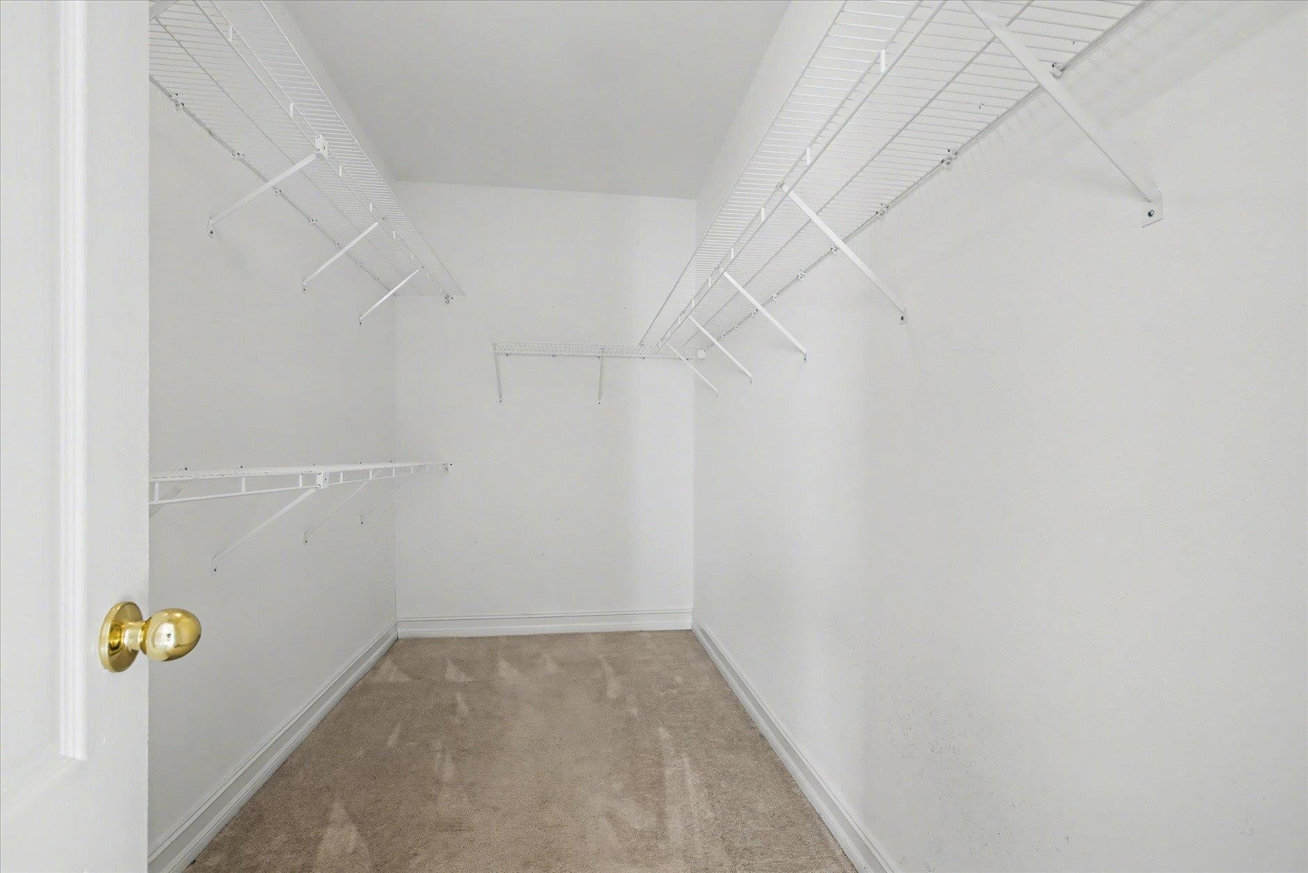 Walk-in closet with white wire shelving and beige carpet.