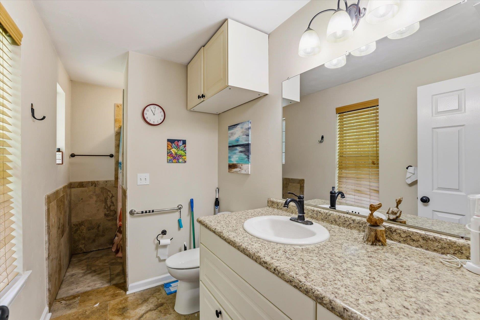 Bathroom with a granite vanity and oval sink beside a tiled walk-in shower with grab bars.