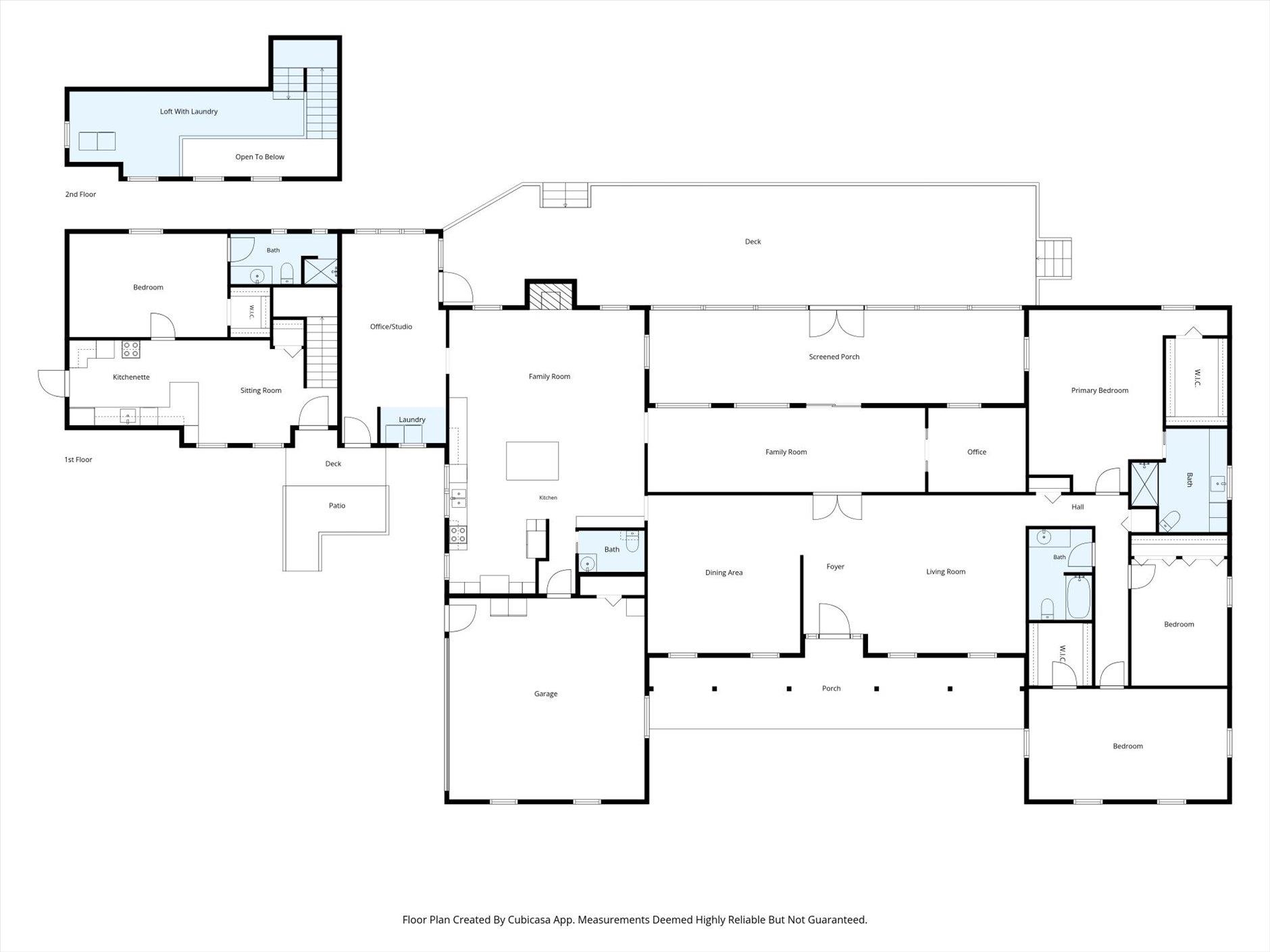 Floor plan showing the home’s first and second floors, including a screened porch, deck, patio, and garage.
