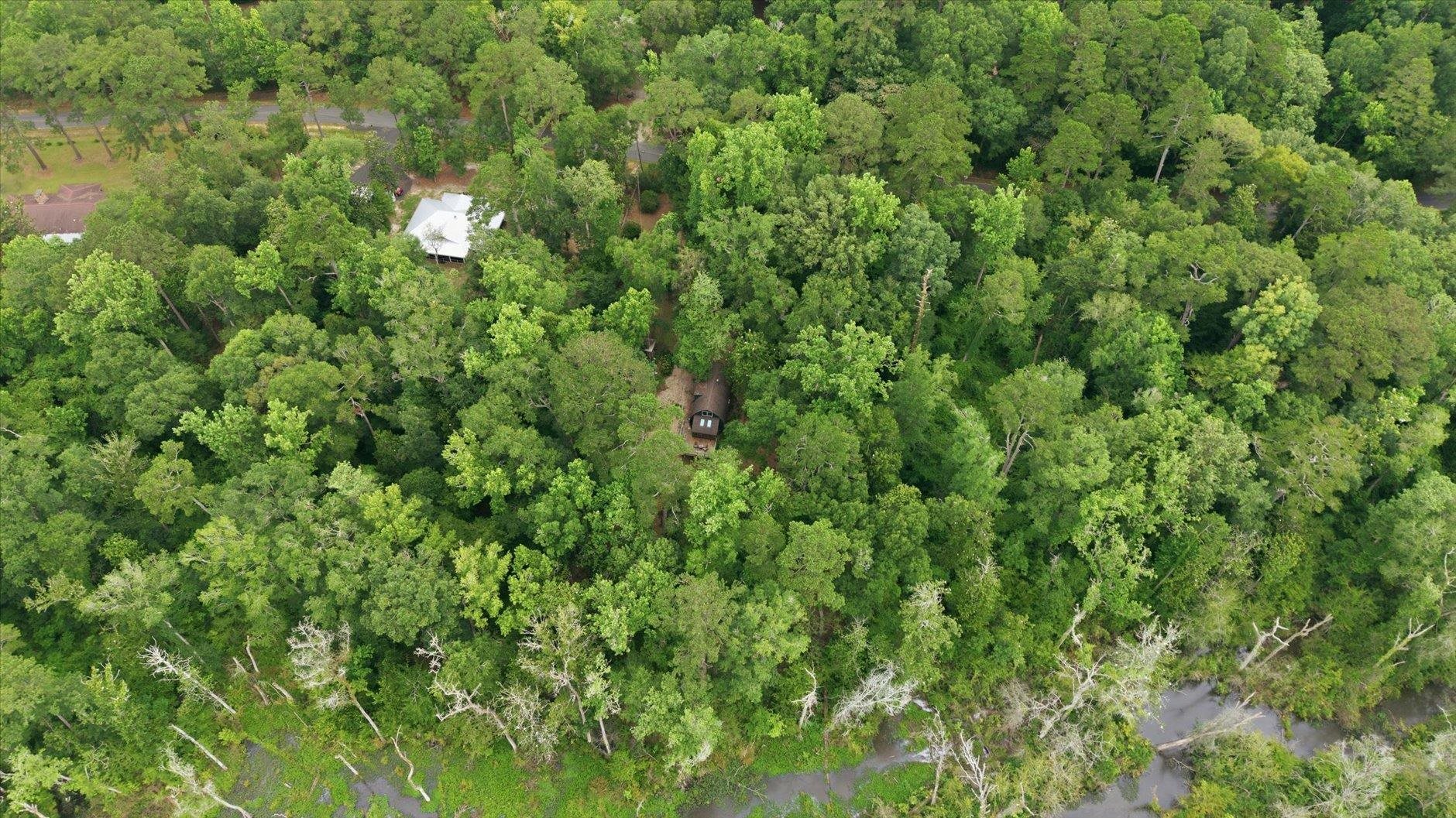 Aerial view of a wooded property with a small cabin and roads along its edges.